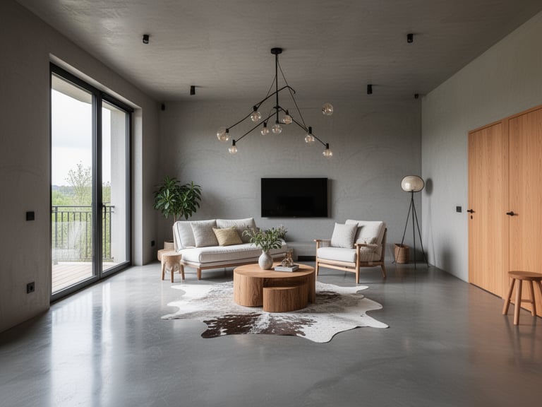 Modern living room with microcement flooring and minimalist decor featuring a cowhide rug, wooden co