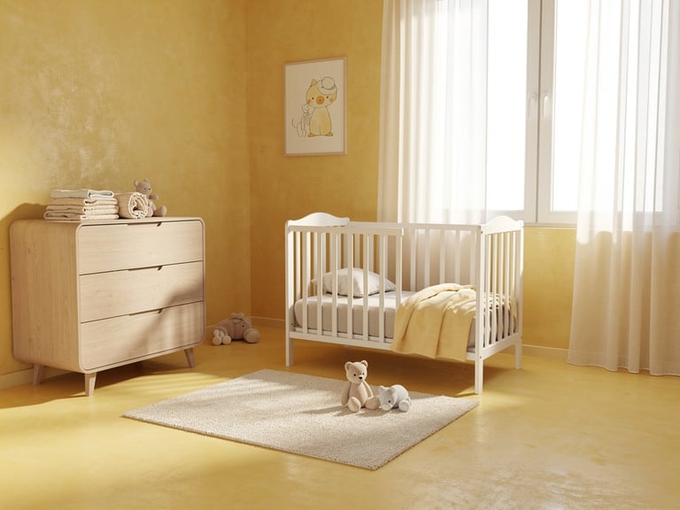 Modern children's room in soft yellow with microcement, featuring a white wooden crib, light oak dre