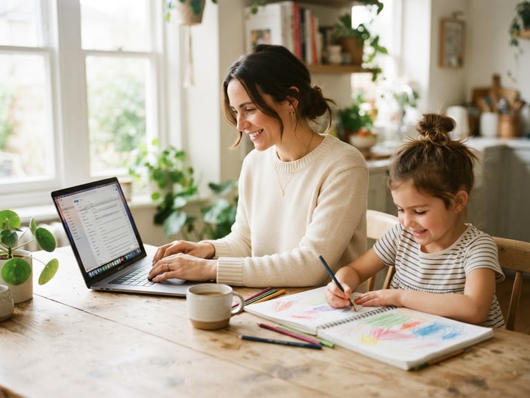 A confident mother working on a laptop at a bright wooden dining table, her young child drawing peacefully beside her, soft morning light, shallow depth of field, warm editorial style.