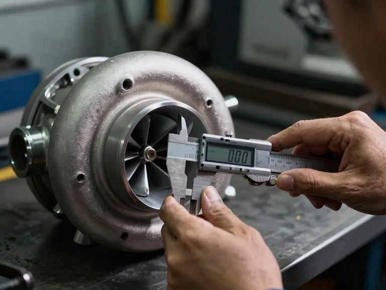 Close-up of mechanic hands measuring a disassembled metallic turbo shaft with a digital caliper, technical workshop environment, dramatic lighting