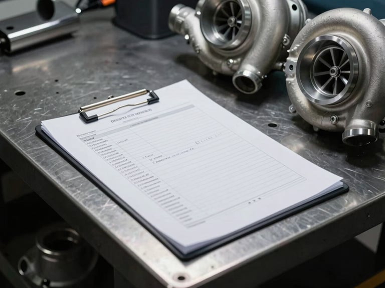 A technical diagnostic report sheet lying on a metal workbench next to clean turbo parts, high contrast workshop lighting