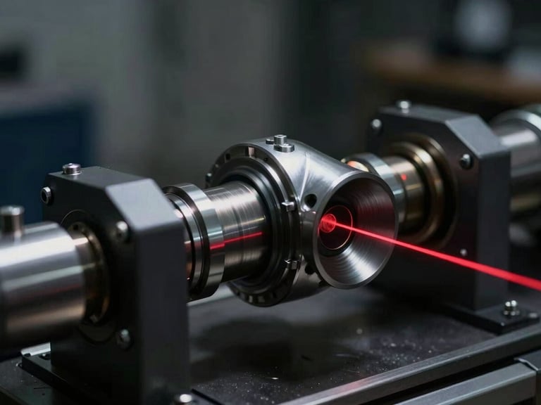 Macro photography of a turbo core spinning inside a modern balancing test rig, red laser alignment line visible on the metal, dark industrial style