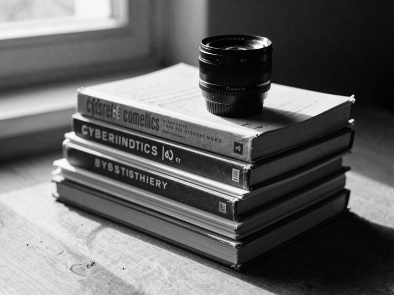 editorial black and white photograph of a stack of vintage cybernetics and systems theory books on a wooden desk, dramatic shadows, raw texture, 35mm lens