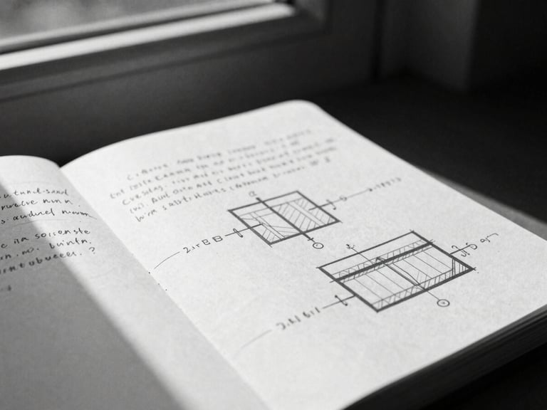editorial black and white close-up of a system architect's notebook with detailed technical notes and structural sketches, sharp focus, natural side light, grainy film texture