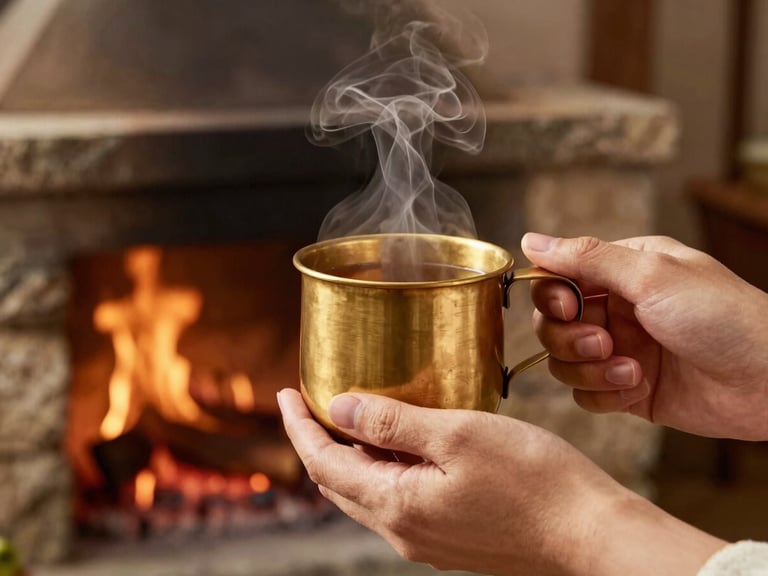 Close-up of hands holding a steaming brass cup of spiced mountain tea inside a rustic stone kitchen, warm firelight illuminating weathered wood textures