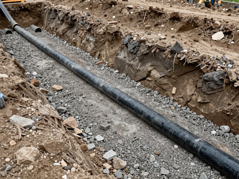 Angled overhead view of an active excavation site, compacted gravel layers visible, drainage pipe being placed by gloved hands, natural overcast daylight, no crew faces, workday-real framing