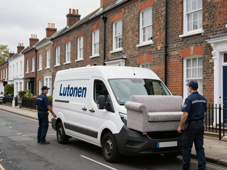 A branded Luton removals van parked safely on a quiet residential London street lined with brick Victorian houses, uniformed crew members carrying a protected sofa, bright overcast sky