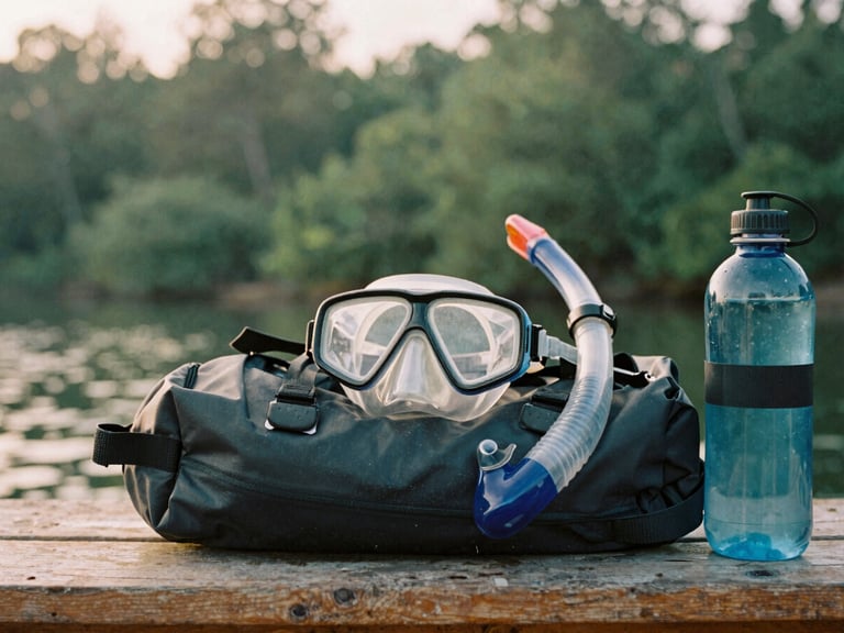 Close-up of neatly arranged outdoor gear (snorkeling mask, dry bag, water bottle) on a wooden surface, ready for adventure, soft light, 35mm film