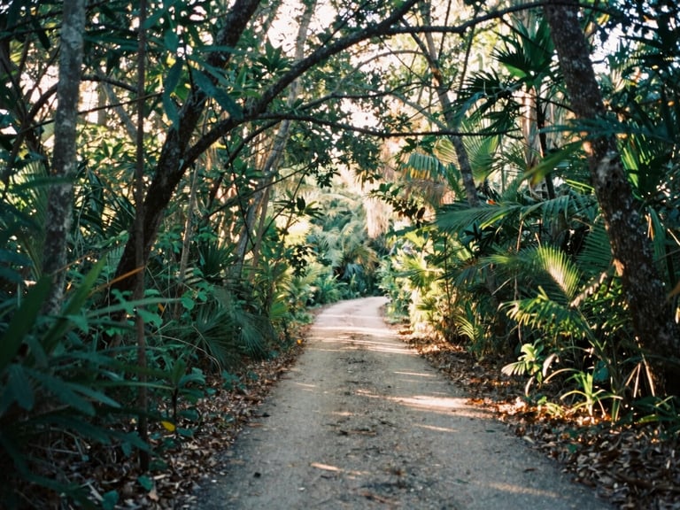 Landscape shot of a sun-dappled forest path winding through dense Florida hammock, soft filtered canopy light, natural textures, 35mm film