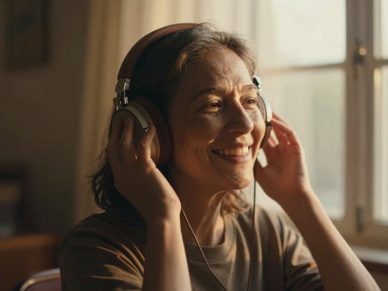 Pessoa mais velha com sorriso emocionado, ouvindo música com fones de ouvido vintage, luz de janela de fim de tarde, warm editorial photography, golden-hour window light, rich soft tones, shallow depth of field, intimate cinematic style, 35mm film