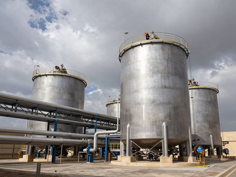 Wide-angle industrial engineering shot of a massive municipal water treatment plant in Egypt under dramatic overcast daylight, highlighting heavy steel surge tanks and complex piping, high contrast, architectural lens.