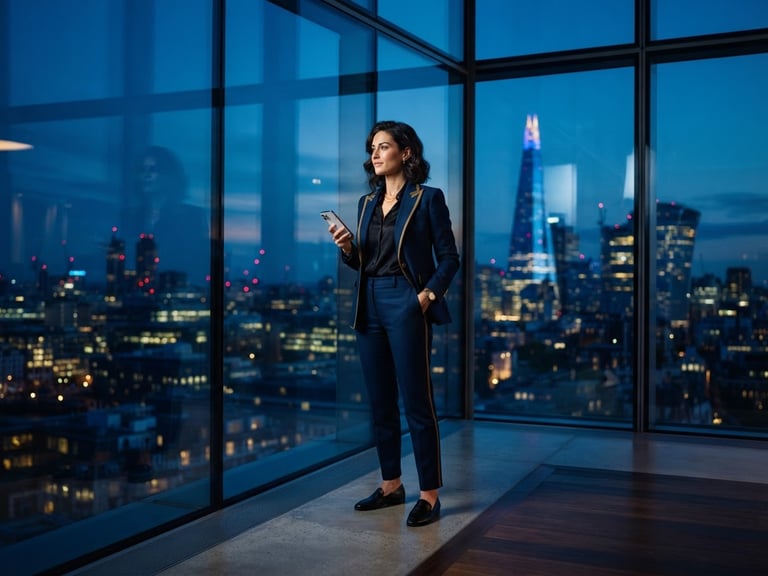 Sleek editorial photography, deep midnight blue studio lighting, sharp futuristic corporate aesthetic, a high-end lifestyle entrepreneur standing in a modern architectural glass building at dusk, cinematic depth