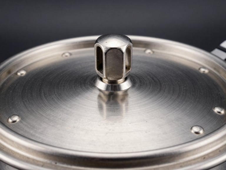 Macro studio photograph of a brushed steel pressure cooker lid, showcasing the precision-molded safety valve and heavy-duty rivets, high-contrast metallic highlights, deep charcoal background, 50mm lens.