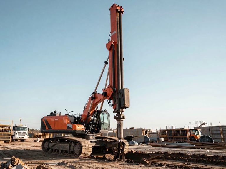 Heavy directional drilling rig on a construction site, bore head emerging from the ground, high-contrast cool tones with safety orange accents, wide-angle lens