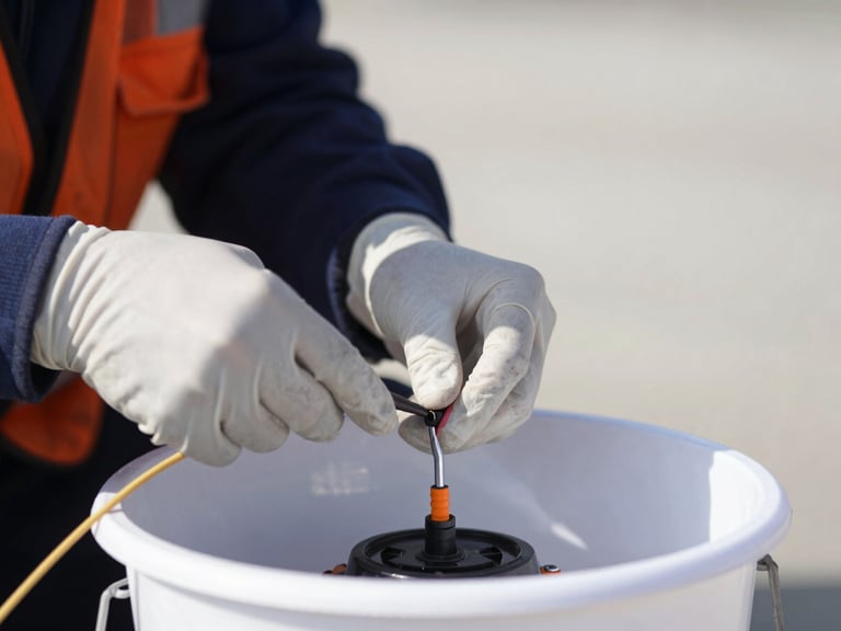 Close-up of a technician performing fiber-optic splicing in a utility bucket, high-contrast outdoor light, tight macro shot