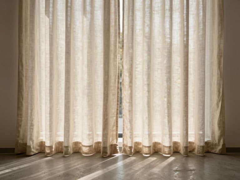 Straight-on architectural portrait of a minimalist window with elegant beige linen curtains casting soft, high-contrast shadows on a clean concrete floor, warm daylight, 35mm lens.