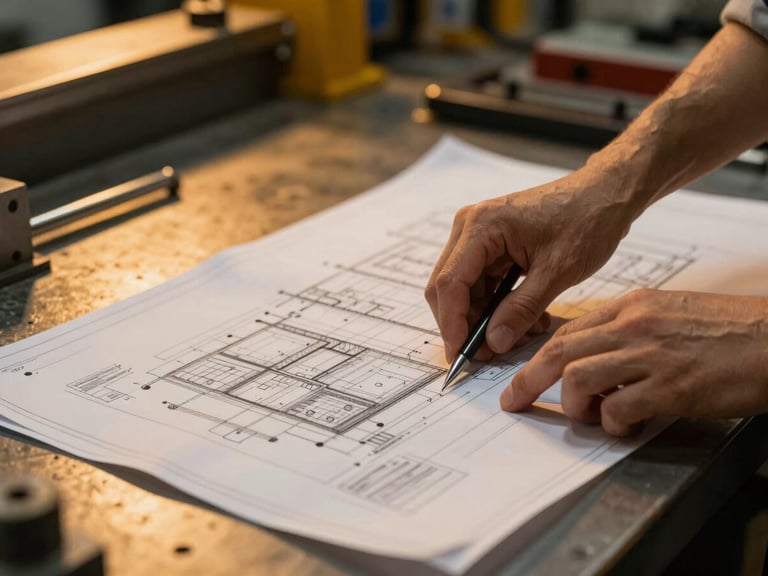 Close-up of hands reviewing technical blueprints on an industrial workbench, warm amber lighting, sharp focus.