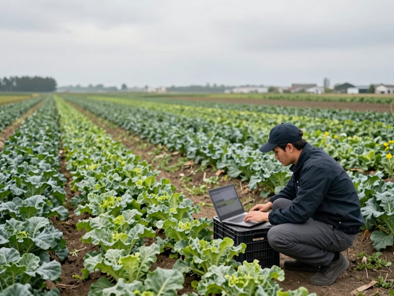 Wide environmental shot: agency team member crouched on a farm field at overcast midday, reviewing footage on a laptop propped on a crate, rows of leafy greens stretching to the horizon behind them, natural flat daylight