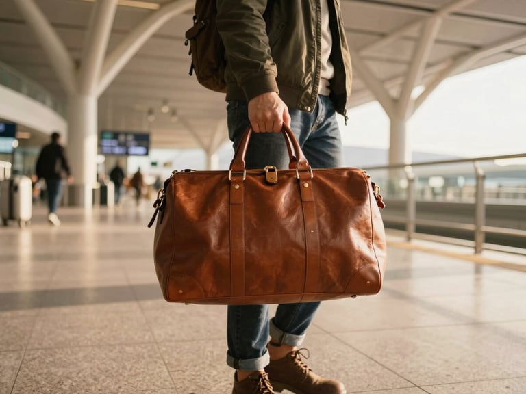 First-person perspective of a traveler carrying a leather weekend bag walking through a modern, sunlit terminal with architectural steel arches, warm morning light, 35mm lens.