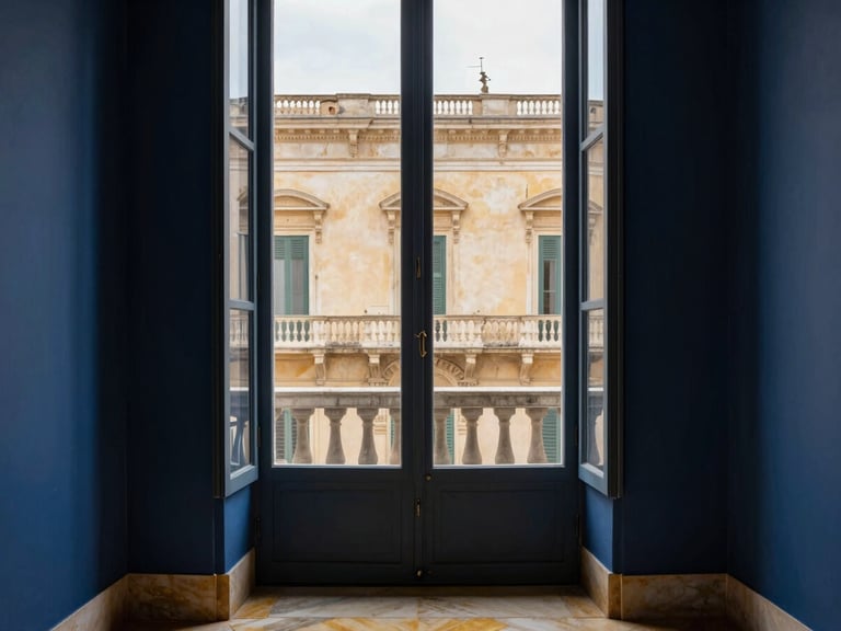 luxury editorial interior photography, soft natural window light, deep midnight blue and warm gold tones, 35mm architectural lens, historic Italian palazzo facade in Foggia