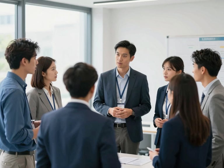 Group of mechanical engineers in professional attire engaged in discussion at a networking event, clean professional indoor conference lighting, medium environmental framing.