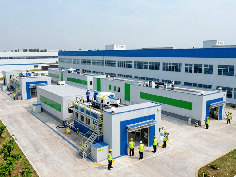 Wide shot of a modern industrial facility in Central Luzon, showing clean machinery and engineers in safety gear, bright daylight, corporate blue and green tones, sharp focus.