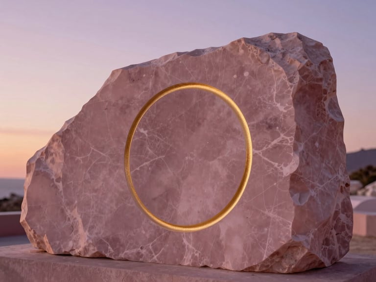 Geometría sagrada minimalista tallada en piedra de cuarzo rosa, con sutiles detalles en pan de oro, iluminada por una suave luz de atardecer, encuadre asimétrico con mucho aire limpio. Warm editorial photography, soft golden-hour light, dusty pink and deep purple tones, elegant minimalist composition, 35mm.