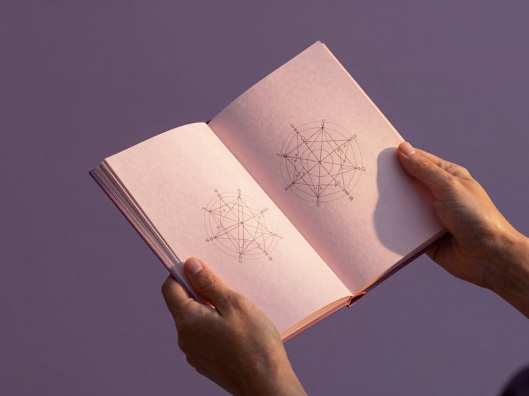 Manos sosteniendo un cuaderno abierto con diagramas de geometría sagrada, luz dorada suave, tonos rosa y morado, enfoque en el detalle del papel artesanal, composición minimalista.