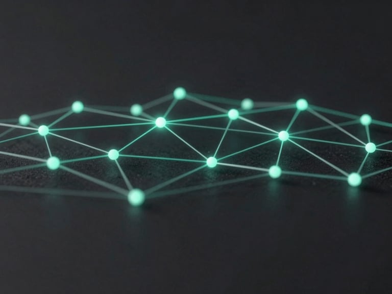 Abstract digital network visualization, glowing emerald nodes, clean dark slate background, high-end editorial
