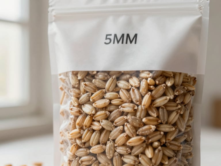 Macro close-up of premium organic grains in minimalist white packaging, soft warm window light, clean composition, 35mm.