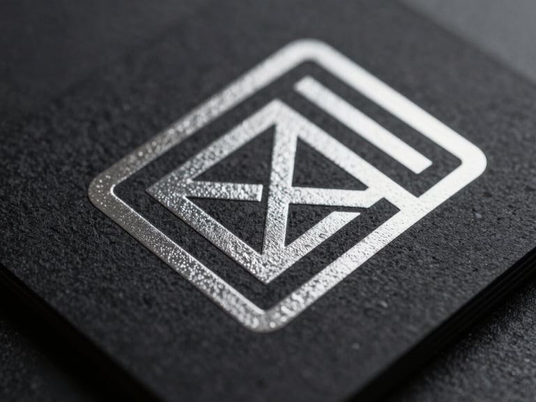A close-up of premium embossed black cardstock with metallic silver foil stamping, crisp geometric lines, sharp shadows.