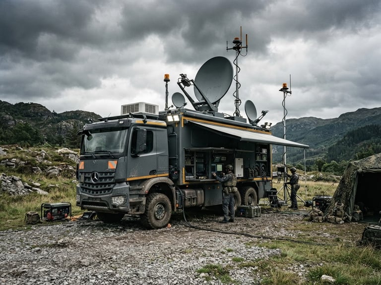 Wide panoramic shot of a mobile command unit with satellite dishes deployed in an overcast, high-contrast daylight setting, muted charcoal and safety amber tones, sharp focus, 35mm