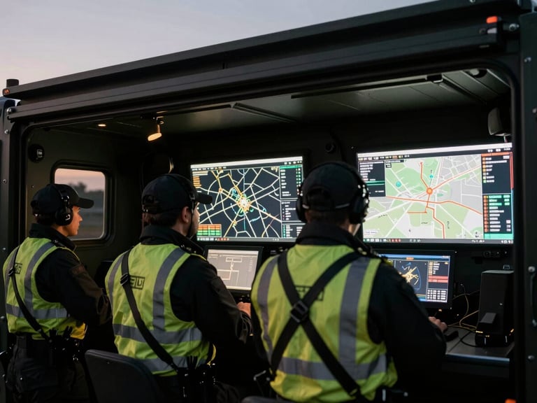 Interior of a mobile command unit at night, glowing tactical screens displaying maps and data, team members in high-visibility gear working, high-contrast, sharp focus, 35mm.