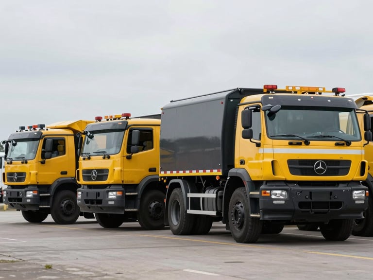 Line of heavy-duty emergency logistics trucks under overcast daylight, tactical markings, high-contrast, sharp focus, 35mm.