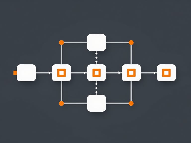 Flat orthographic vector illustration of a modern software deployment pipeline, showing code commits transforming into nodes, safety orange accents