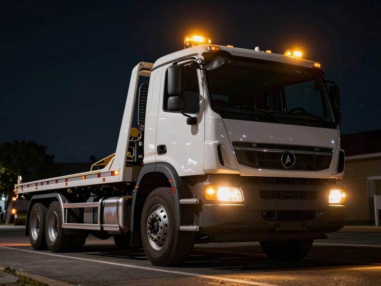 Low-angle dynamic shot of a modern flatbed tow truck at night, amber emergency lights flashing, sharp details, 35mm lens