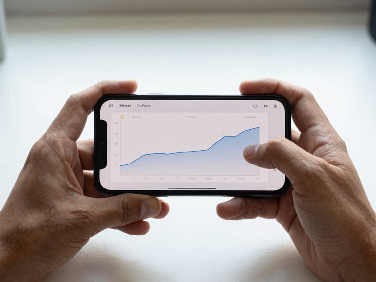 Close-up of two hands holding an Android phone displaying a performance metrics screen — frame rate graph visible, fingers steady on the device, bright north-facing daylight, tight crop on the hands and screen with a plain light desk surface barely visible at the bottom edge