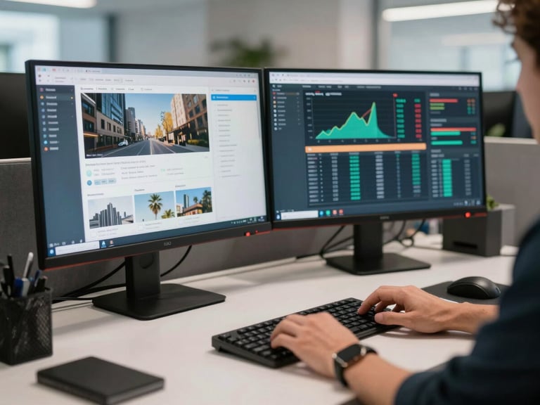 Wide shot of a modern agency workspace, two monitors showing campaign performance dashboards with real data, a designer's hands visible on a keyboard, north-light editorial lighting, clean desk surface, sharp and precise framing