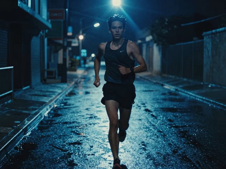 Dramatic low-key cinematic still of a runner on a wet neon-lit street, anamorphic lens flare, rich blue tones, 35mm film grain