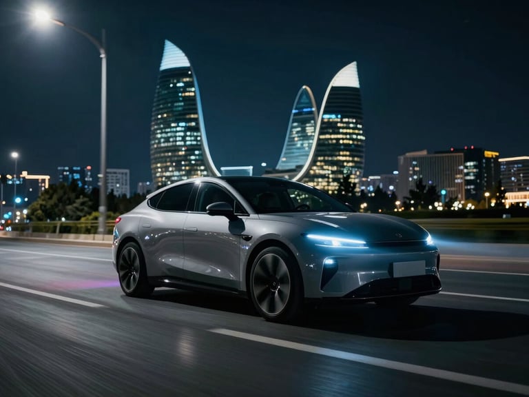 Cinematic wide anamorphic still of a sleek electric vehicle driving through Baku at night, high-contrast key lighting, blue lens flare, deep shadows