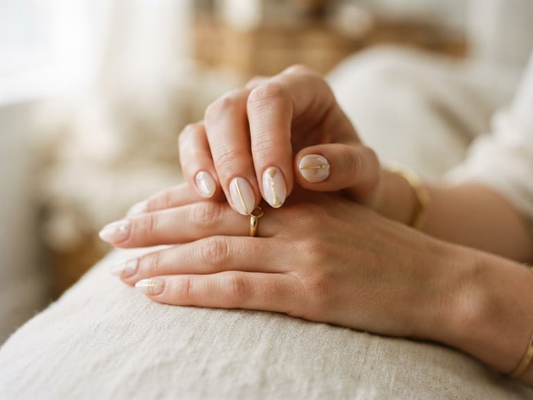 Close-up of hands with elegant, minimalist geometric nail art, soft diffused window light, cream and golden tones, shallow depth of field, 35mm