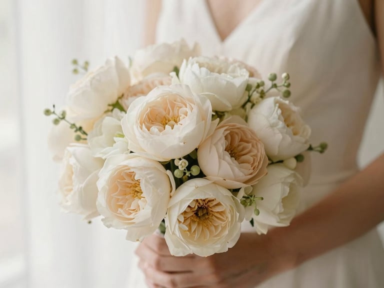 Close-up of a bridal bouquet with soft focus on a bride's hand, elegant and minimalist, warm cream and blush tones.