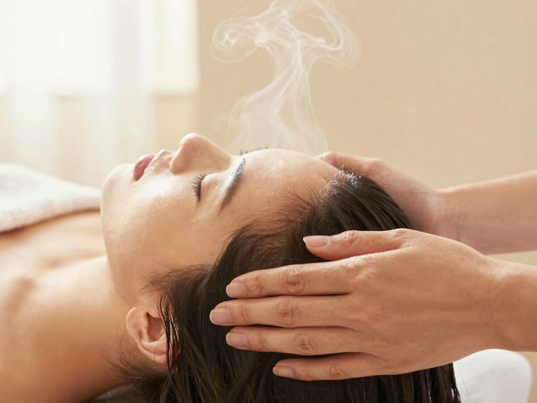Close-up of hands gently massaging a scalp during a hair spa treatment, steam rising, soft diffused light, cream and golden tones.
