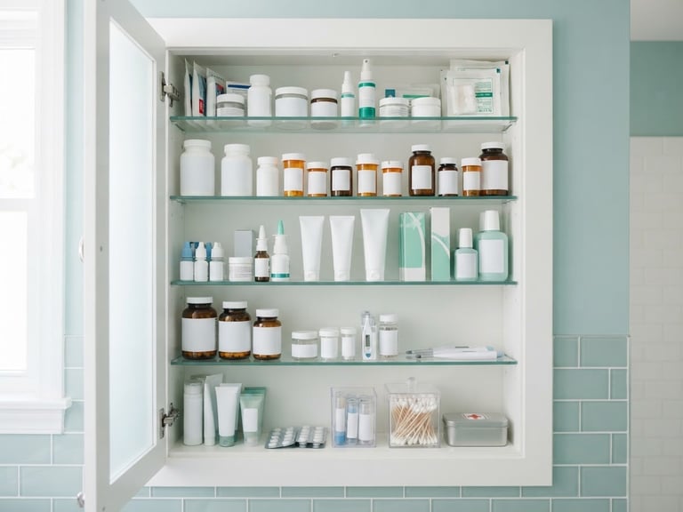 clean clinical photography of an organized medicine cabinet with clearly labeled healthcare products, bright soft daylight, crisp white and pale teal tones, sharp focus, 50mm