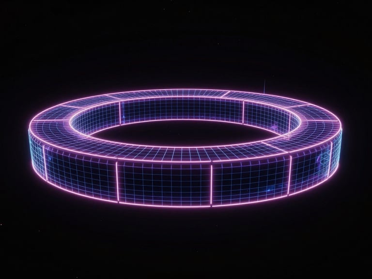 3d render, dark atmospheric environment, vibrant neon rim lighting, deep cosmic black, dynamic wide angle, glowing wireframe of a digital arena floating in zero gravity space