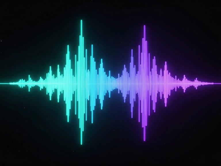 3d render of a holographic audio spectrum visualizer with glowing cyan and violet vertical bars floating in a dark cosmic space, neon rim lighting