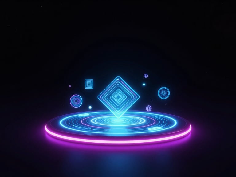 3d render, dark atmospheric environment, vibrant neon rim lighting, deep cosmic black, dynamic wide angle, glowing holographic terminal displaying floating procedural geometry