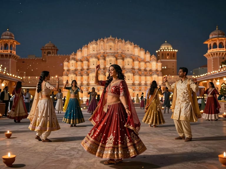 Wide cinematic shot of a palace courtyard in Jaipur lit by hundreds of clay lamps, guests in rich sherwanis and heavy silk sarees dancing under the starlit sky