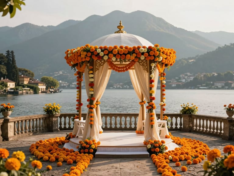 Widescreen anamorphic shot of a wedding mandap adorned with thousands of marigolds on a stone terrace overlooking Lake Como, dramatic mountains in the background, warm afternoon light
