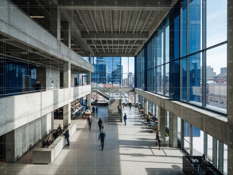High-angle architectural photography of a modern concrete office lobby, sharp shadows, cool daylight, deep blue glass reflections, technical grid overlay, 35mm